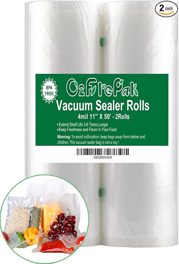 O2frepak 2Pack Vacuum Sealer Bags Rolls 4mil 11"x50' for Food Storage | BPA Free Food Grade,Commercial Grade,Customized Size,Heavy Duty Food Sealer Bags Rolls,Great for Sous Vide Vacuum Sealer