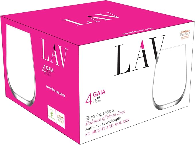 LAV Stemless Red & White Wine Glasses Tumbler Set of 4 - Drinking Glassware for Water Champagne Martini Mimosa Prosecco Cocktail Sangria - Short 16 oz No Stem Glasses Dishwasher Safe