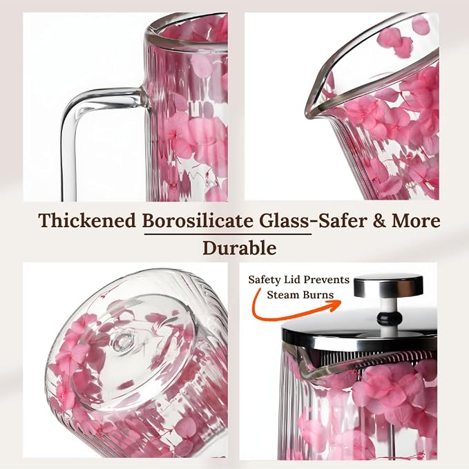 Glass French Press Coffee Maker, Heat Resistant Borosilicate Glass (22oz Pink Floral)