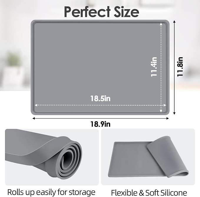 Silicone Coffee Maker Mat with Lip for Countertops, 18.9'' x 11.8'', Grey | Multi leak-proof coffee tray for countertop, non-slip silicone mat fits most coffee makers & espresso machines, wipe-clean