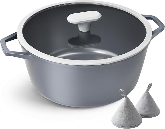 PRICUSIS Ceramic Nonstick Stock Pot with Silicone Rim Glass Lid, 4.5/7 QT Soup Pot Casserole, Cooking Pot, Induction Compatible, Dishwasher & Oven Safe, Ideal for Pasta, Bake & Stews, Blueberry Gray