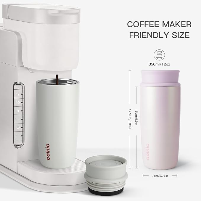 Travel Coffee Mug with 360°Lid, 12 oz Coffee Tumbler Insulated Travel Mugs for Hot and Cold, Vacuum Insulated Stainless Steel Coffee Cup Leak Proof Spill Proof-Pearl Nacre