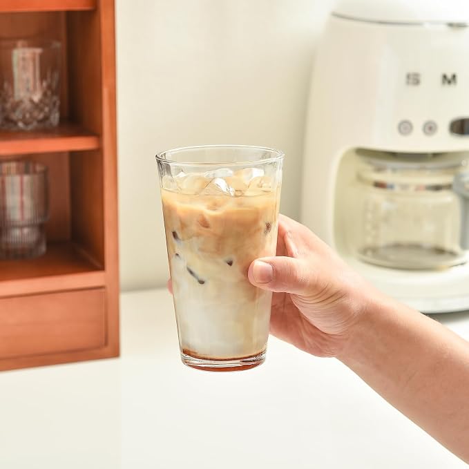 ALINK 16 oz Drinking Glasses, Set of 6 Highball Glass Cups Bar Glasses, Clear Heavy Base Stemmed Water Glasses for Beer, Iced Coffee Cups, Cocktail Glasses, Wine, Iced Tea, Dishwasher Safe