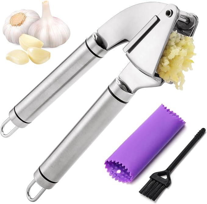 BURLIHOME Stainless Steel Garlic Press Mincer,Heavy-Duty,Purple Peeler Tube | Metal Ginger Press,Strong Squeeze,Mince Garlic & Ginger,Dishwasher Safe,Kitchen Essential,Meal Prep Tool,Easy Clean,Silver