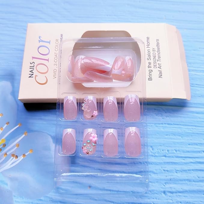 WLGDLH White French Tip Press on Nails Medium Square Fake Nails Press ons Nail Tips Kit with 3D Heart Flowers Design Nude Glossy False Nails Full Cover Glitter Glue on Nail for Women 24Pcs