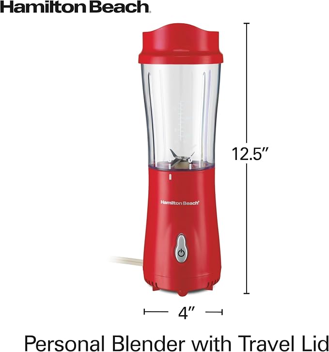 Hamilton Beach Portable Blender for Shakes and Smoothies, 14 Oz BPA Free Travel Cup & Lid, Durable Stainless Steel Blades, Personal Smoothie Blender, Red (51101RV)
