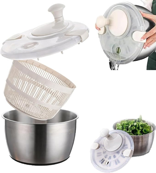 Stainless Steel Salad Spinner, 6L Salad Spinners Large Lettuce Spinner, with Drainage Basket Drainage Outlet Used for Cleaning and Drying Vegetables Food and Fruits Quick Spin Vegetable Fruit Spinner