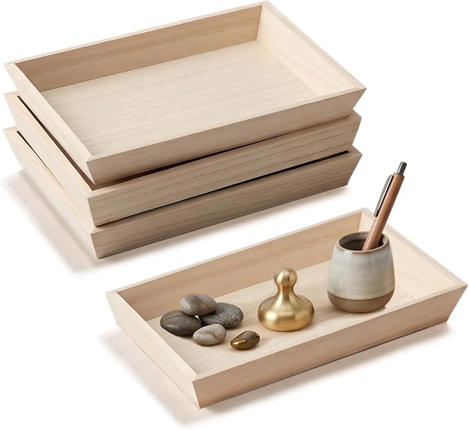 Wooden Serving Trays Set of 4, 10x10x1.25 InchesNatural Wood Serving Tray for Home Decor, Decorative Wooden Trays for Coffee Table, Ottoman, Kitchen Counter, Dining Table & Organization