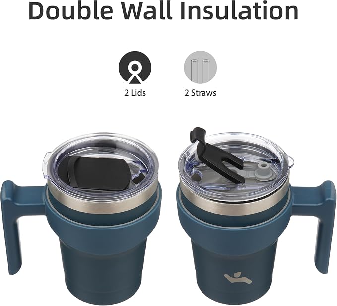 Konokyo 10 oz Tumbler with Handle and Straw, Insulated Travel Mug | Navy Blue; BPA-free, leak-proof tumbler with 2 lids, 2 straws, cup holder fit for coffee, office, travel & daily use