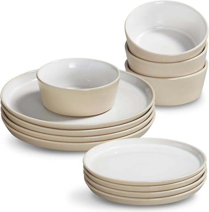 Stoneware Dinnerware Set for 4(12Pcs) – Microwave & Dishwasher Safe Plates and Bowls with Reactive Glaze – Rustic Farmhouse Modern Design for Everyday Dining, Wedding & Outdoor - Light Beige