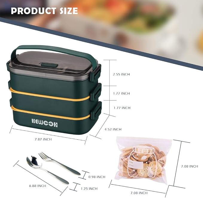 Bento Box Adult Lunch Box (74 Oz Large Capacity), Reusable, Leak-Proof, Including Lunch Bag, Fork And Spoon, 3 Dividers, Suitable For Work, Picnic, Dishwasher And Microwave Safe.(Green)