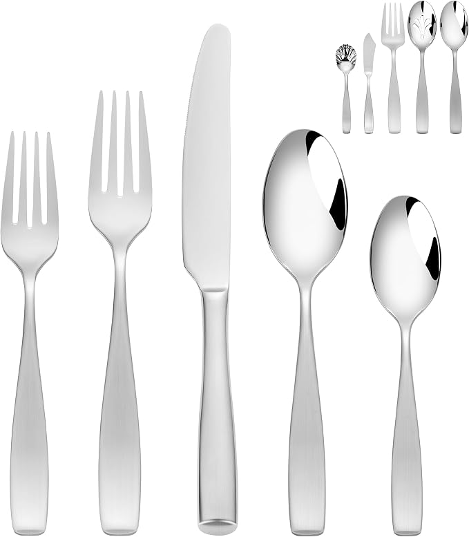 65-Piece 18/10 Stainless Steel Flatware Set for 12, Heavy Duty Silverware Set, Flatware Set with Serving Utensil, High End Mirror Polish and Satin Handle, Dishwasher Safe, Ideal for Gift