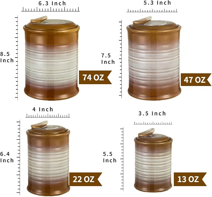 Nihow Food Storage Jar,Ceramic Canister Sets for The Kitchen,Set of 4,Brown | Air Tight Lid,Seal Damp-proof,For Flour/Sugar/Rice/Coffee/Cookies/Candy,Kitchen Counter