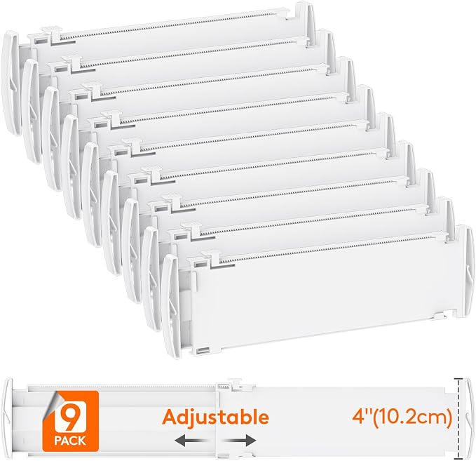 Lifewit 9 Pack 4" High Drawer Dividers, Adjustable Drawer Organizer Clothes | 13.8"-22.2" Expandable White Plastic Separators for Dresser, Kitchen, Cabinet, Nursery, Office, Socks & Underwear Storage