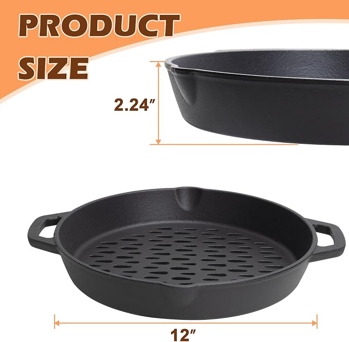 12" Round Cast Iron Grill Basket with Dual Handles – For Veggies/Fish/Meat | Heavy-duty seasoned cast iron basket; fits most grills/smokers; small perforations prevent food loss; dual handles