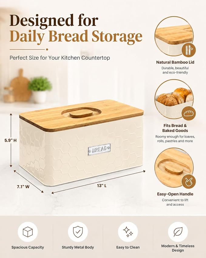 Bread Box for Countertop, Small Cream White Metal Bin, Bamboo Lid | Small farmhouse bread storage container and bread bin with cutting board lid for homemade bread and baked goods organization.