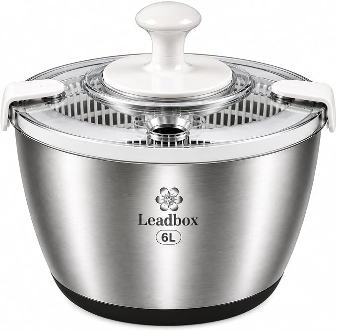 Stainless Steel Salad Spinner, 6L Heavy-Duty Lettuce Dryer with Smooth Spin Handle, Large Vegetable Washer & Fruit Rinse Bowl, Non-Slip Base
