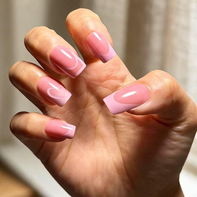 Press on Nails, 6 Packs (144 Pcs) Medium Square French Sets, Pink Charms