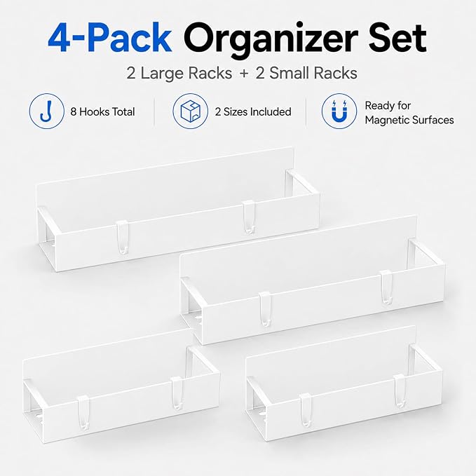4 Pack Magnetic Cup Holder Heavy Duty, 12 Cup Capacity Water Bottle Organizer fit for Stanley Cup, Tumbler Storage Rack for Kitchen, Side of Fridge, Garage, Laundry Room, Cabinet, Pantry, RV - White