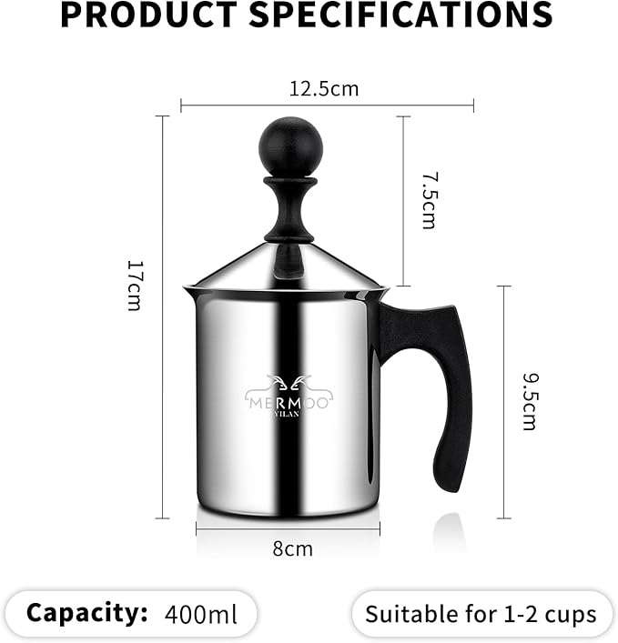 MERMOO YILAN Manual Milk Frother 14oz Stovetop Milk Foamer | for Dairy&Non-dairy milk| Cold&Hot Milk|Not Require Batteries|Thick&Creamy Foam|for Cappuccinos, Lattes, Matcha