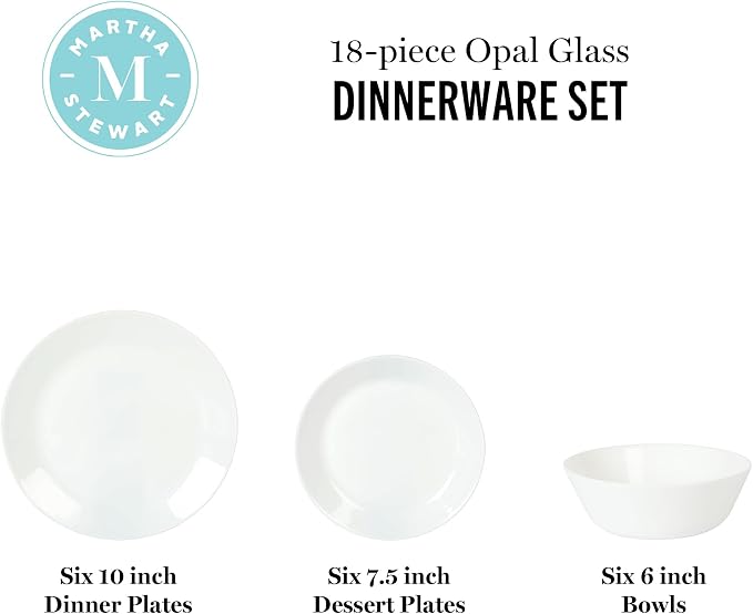 Martha Stewart Opalton 18-Piece Dinnerware Set – Chip and Break Resistant Opal Glass Plates and Bowls, Lightweight White Dinner Set for 6, Microwave and Dishwasher Safe