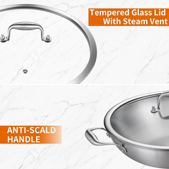 DELARLO Tri-Ply Stainless Steel Wok Pan With Lid, Fast & Even Heat 12Inch Large Stir Frying pan, Induction Saute Pan, Dishwasher Safe Cooking Pan, Induction, Broiler Safe 600℉