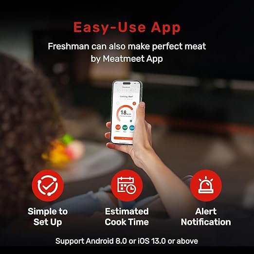 Wireless Meat Thermometer Digital with Remote App Monitoring | ±0.9℉ Accuracy Bluetooth Meat Thermometer, Wi-Fi Unlimited Range, DishWasher Safe, and App Alerts, for BBQ/Oven/Grill/Smoker