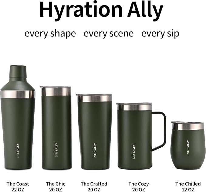 NESTALLY Cozy 20oz Insulated Coffee Mug with Handle & Lid, Olive Green | Stainless Steel Double Wall Vacuum Travel Mug for Hot & Cold Drinks, Reusable Coffee Tumbler, Non-Slip Base, BPA-Free
