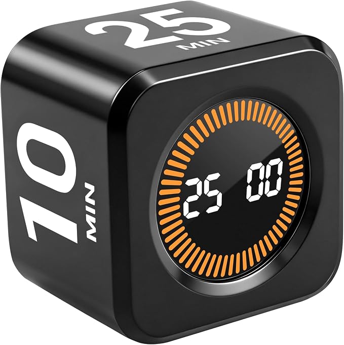 Pomodoro Timer Cube for Productivity — 5/25/10/50 Minutes Preset, Digital Gravity Sensor Desk Visual Timer for ADHD, Silent Mode, Ideal for Office, Study, Kitchen & Kids