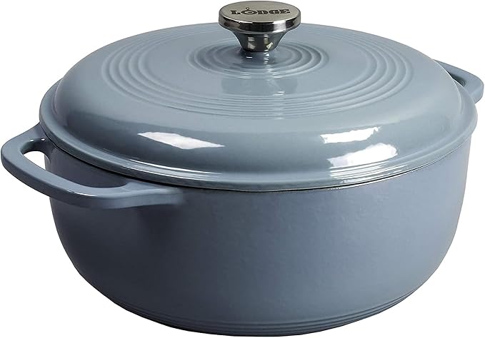 Lodge Essential Enamel Cast Iron Dutch Oven with Lid 7.5 Quart - Oven-Safe Enamel Cookware up to 500° F - Heat-Retaining Braising & Roasting Pot - Non-Toxic Cookware - Storm Blue