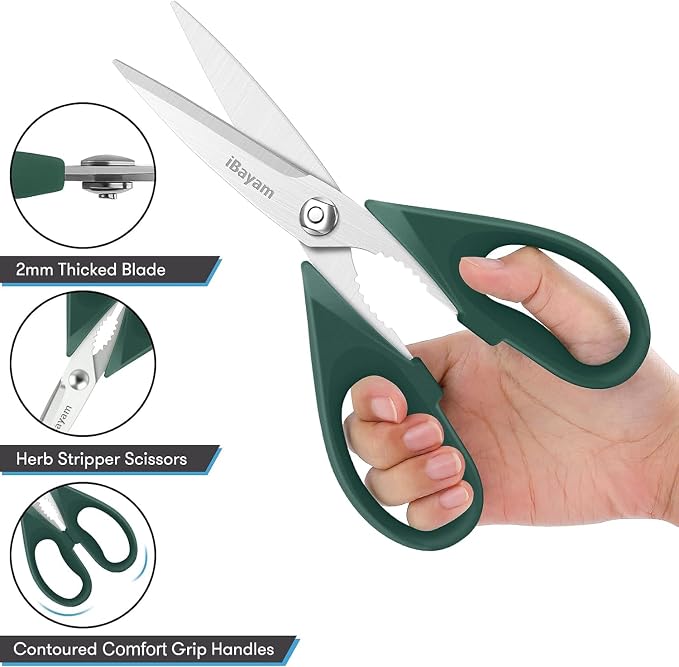 iBayam 2-Pack 8.5" Kitchen Shears, Heavy Duty, Cut Meat, Poultry, Herbs | Sharp Stainless Steel, Comfort-Grip Handles, Cuts Meat, Poultry, Herbs — 2-Pack, Dishwasher Safe, Built-In Bottle Opener