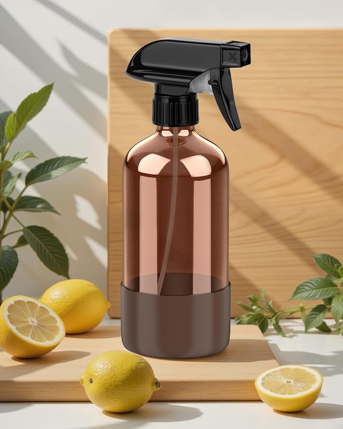 Bontip Amber Glass Spray Bottle, 16 oz with Brown Silicone Sleeve, 1 Pack | Refillable amber glass bottle, With protective silicone sleeve, BPA-free, UV shielding, Great for cleaning solutions,plants