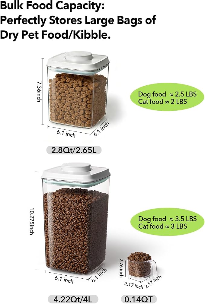 Dog Food Storage Containers Set with One-Touch Lid, 2-Pack (2.8 QT / 2.65 L) BPA-Free Cat Food Storage Container，Stackable Durable PET, Best for Dog Treats, Supplements & Daily Feeding