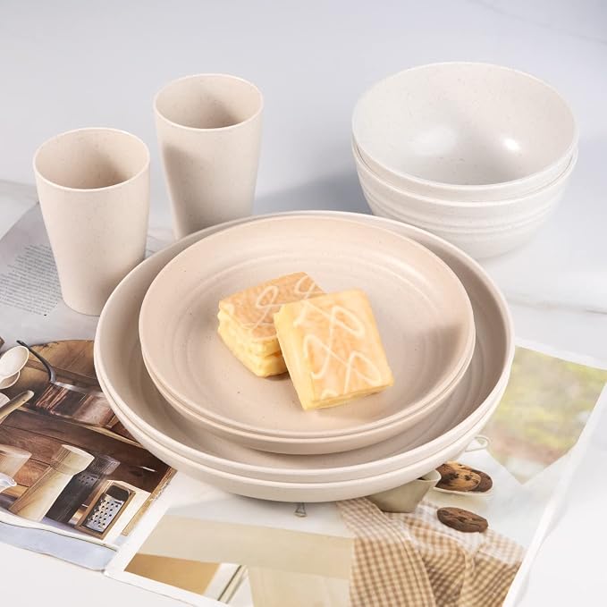 32-Piece Pink Blue Green Beige Wheat Straw Dinnerware Set | Premium reusable plastic plates bowls cups set for wedding party and rv camping, stackable design for easy storage.