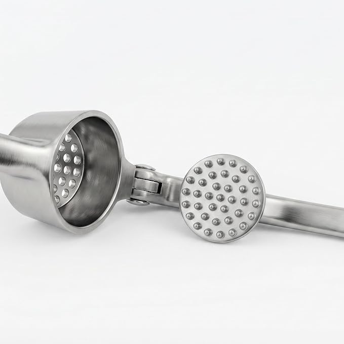 Heavy Duty Garlic Press with Zinc Alloy Handle & Stainless Steel Chamber, 61 Holes Garlic Mincer & Crusher, No Peeling Required, Includes Silicone Garlic Peeler & Cleaning Brush, Silver
