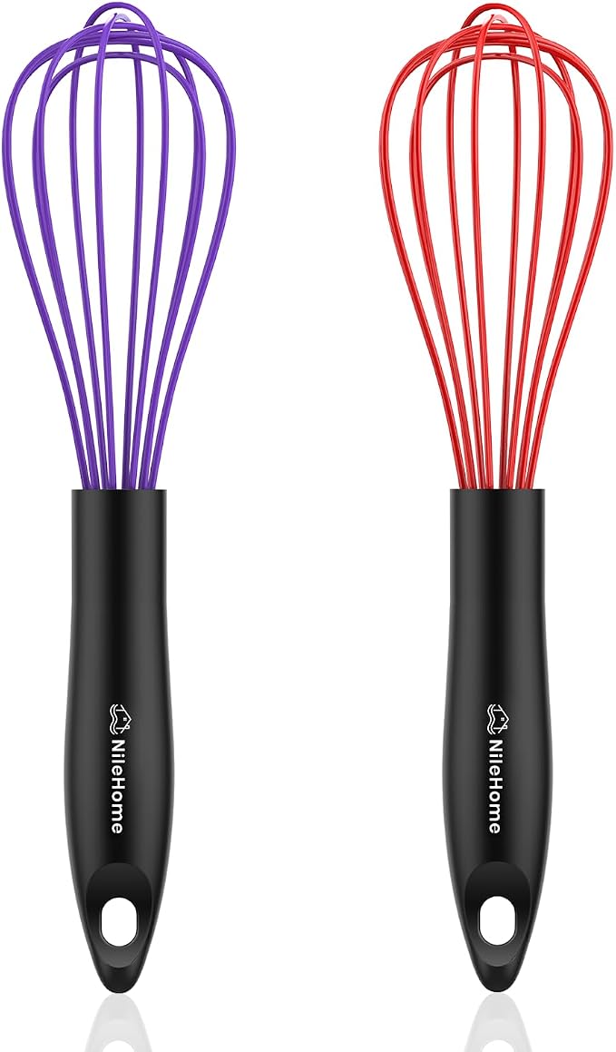 NileHome Silicone Whisk Set 10", 2 Pack Kitchen Whisk Kitchen Wisk Wire Whisks for Cooking, Whisking, Blending, Beating, Stirring-Purple Red
