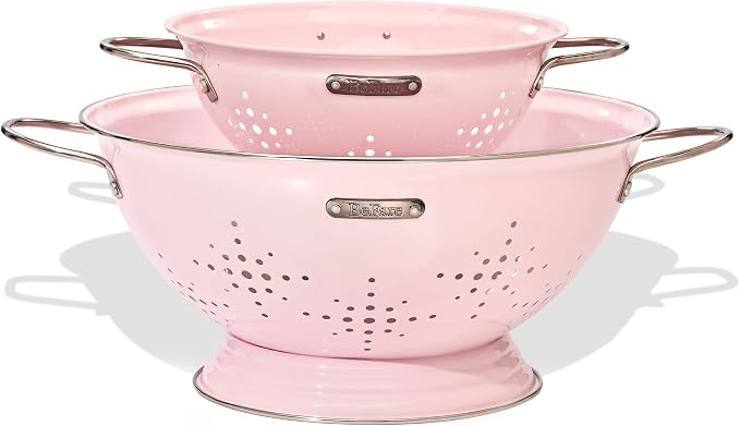 Metal Colander 2 Pack, Strainer Bowel with Handles 2Qt & 6Qt Powder Coated Solid Ring Base Heavey Duty Kitchen Drainer Basket for Pasta Veggies and Fruits,New Home Apartment Essentials (Pink)