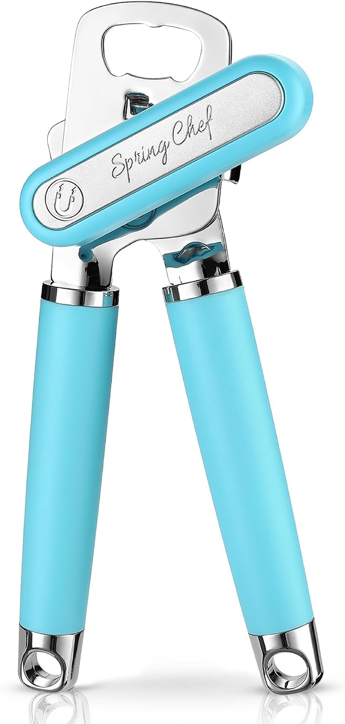 Spring Chef Stainless Steel Manual Can Opener w/Soft Grip Handle, Aqua Sky | Heavy Duty Hand Can Opener for Seniors with Smooth Edge, Easy Turn, 3in1 Can Opener with Magnetic Lid Remover & Bottle Opener
