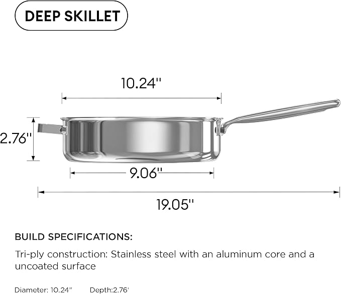 COOKER KING 3.6Qt Sauté Pan w/Lid, Stainless Steel Deep Skillet for Frying | Non-Toxic Uncoated Cookware, Dishwasher & Oven Safe, Induction Ready, Stay-Cool Handle, 3-Ply Clad for Fast Heat