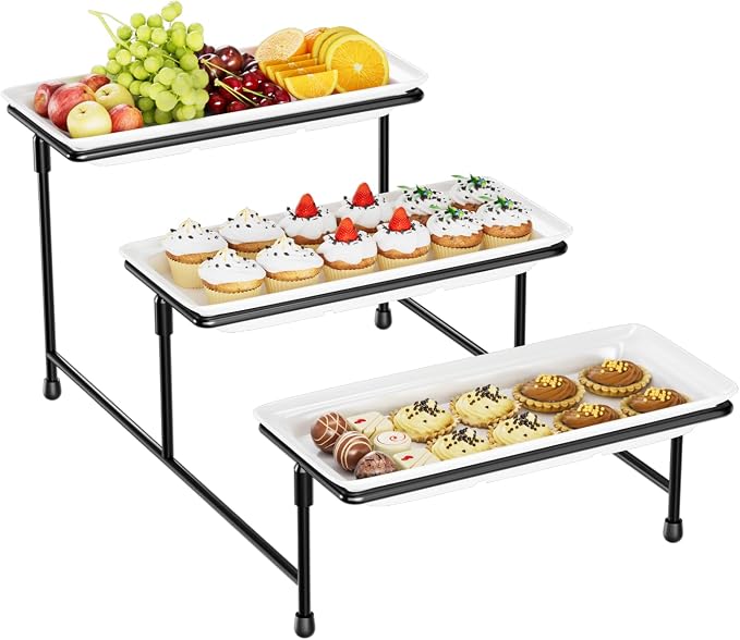 3 Tier Serving Tray for Party, 15" Steel Stand, Tiered Platter, Black | Steel frame, sturdy & stable. For cookies, veggie, dessert & fruit. Ideal for parties, weddings, BBQ & events.