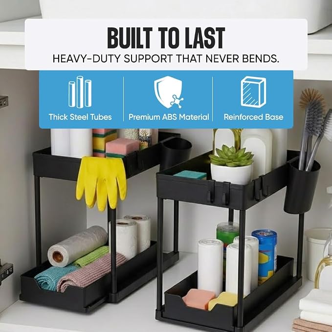 Undersink Organizer, 2-Tier Under Sink Storage Rack with Sliding Drawers for Kitchen Bathroom Cabinets, Pull Out Organizer for Pantry, Laundry Room & Closet Organization - 1 Pack, Black