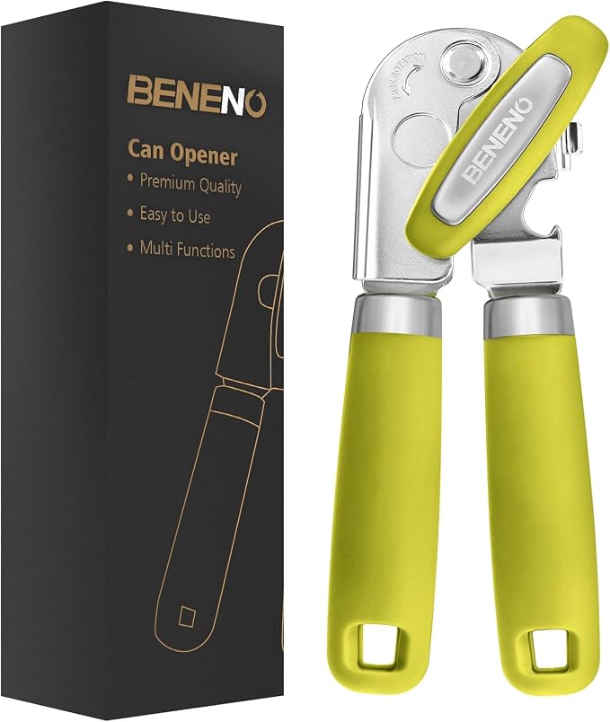 Beneno Heavy Duty Hand Can Opener Manual with Magnet, Lime Green | Razor-Sharp Carbon Steel Blade, Precise Smooth Cutting Gear, Big Effort-Saving Knob, Soft Grip Handle, Built-in Bottle Opener