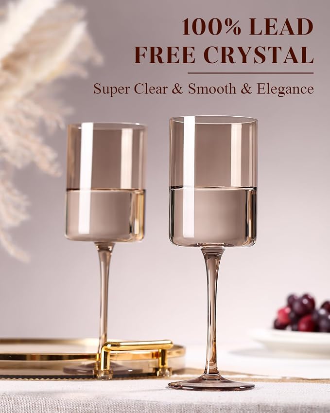 Smokey Gray Wine Glasses Set of 6-14oz【 Hand Blown 】 Square Colored Wine Glasses,Colorful Glasses with Tall Long Stems, Modern Glasses Set of 6 For All Occasions