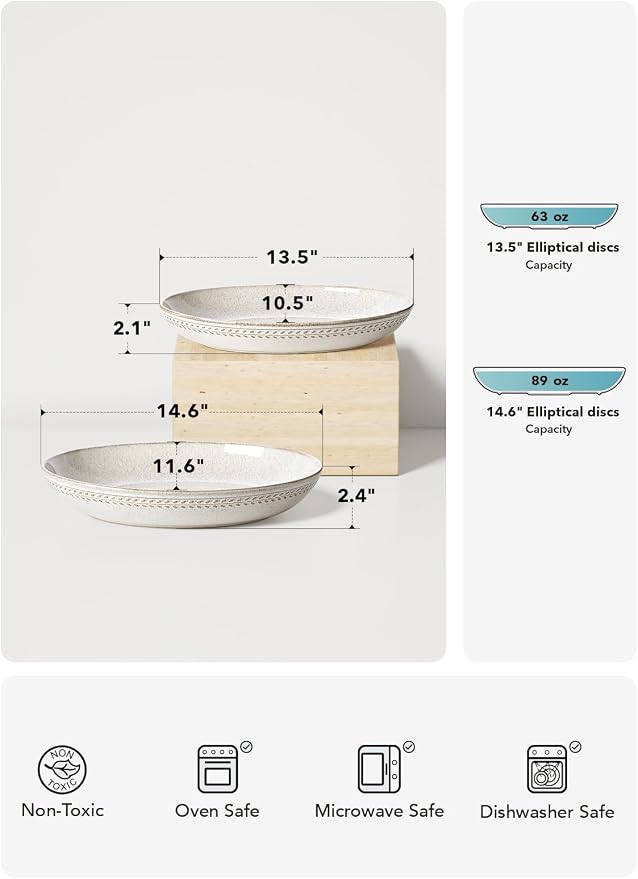 LE TAUCI Ceramic Serving Bowls Set of 2, Large Oval Serving Dishes for Entertaining, 13.5 & 14.6 Inch Salad Bowl for Kitchen Counter, Fruit Bowl, Pasta Bowls, Microwave and Dishwasher Safe - Birch