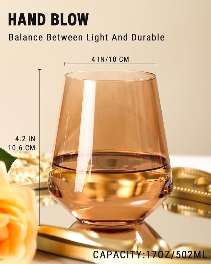 comfit Colored Stemless Wine Glasses Set of 6-17 oz Hand-Blown Crystal Colored Glassware with no Stem, Multicolor Glassware for Lovers, Wedding, Birthday, Mother's Day Housewarming Gifts for Women