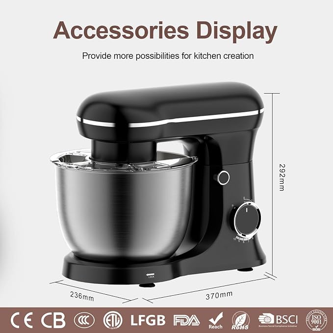 Electric Stand Mixer With Bowl 6.5QT Stainless Steel, 10 Speeds Kitchen Stand Up Mixer for Baking Cakes Cookie Bread Salad Food with Egg Whisk, Dough Hook, Flat Beater - Portable Baking Mixers