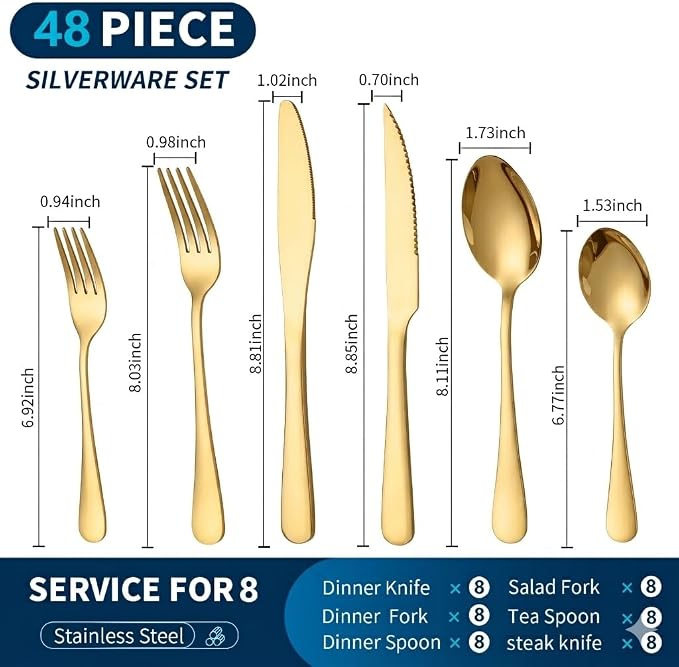 GPY 48-Piece Gold Silverware Set with Steak Knives, Flatware Set for 8 | 18/0 Stainless Steel Forks Spoons and Knives Flatware Set with Mirror Polish, Dishwasher Safe for Home Kitchen & Restaurant