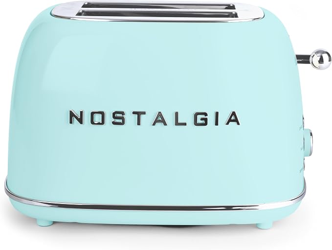 Nostalgia Classic Retro 2-Slice Toaster- Vintage Design- Enamel Coated Steel Body- Wide Slots for all Breads- Crumb Tray, Cord Storage- Defrost,Cancel and Bagel Function & 6 Toasting Levels- Aqua