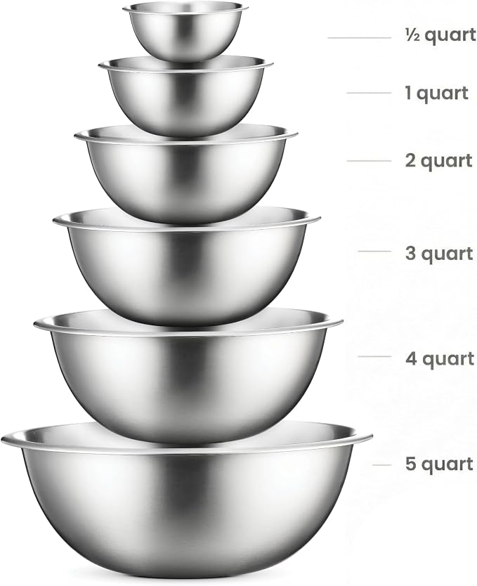FineDine Stainless Steel Mixing Bowls Set, 6-Piece Metal Bowls | Stainless steel bowls, nesting design saves space, dishwasher safe, prep bowls, baking bowls, cooking bowls