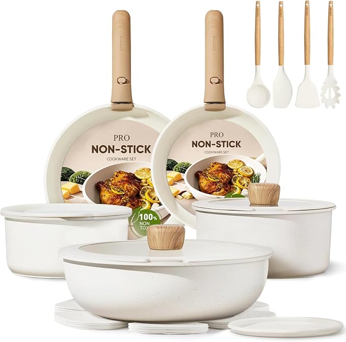 CAROTE 19pcs Pots and Pans Set Non Stick, Cookware Set Detachable Handle | Induction Compatible, Dishwasher & Oven Safe, Space Saving, Camping Cooking Set, Kitchen Set, White